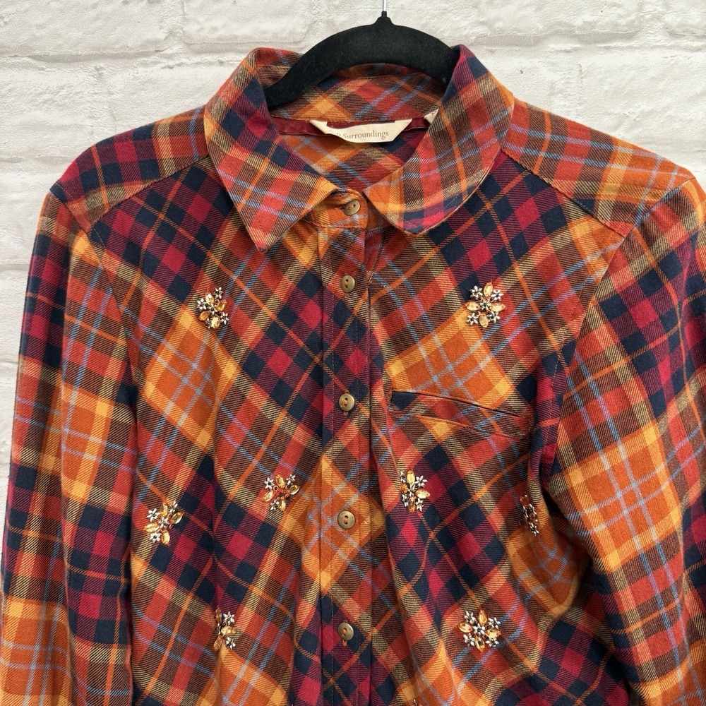 Soft Surroundings Rhinestone Embroidered Fall Orange Button Up Tunic Size Small
